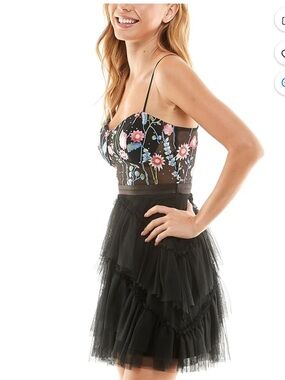CITY STUDIO Mesh Lined Skirt Floral Spaghetti Strap  party dress floral black